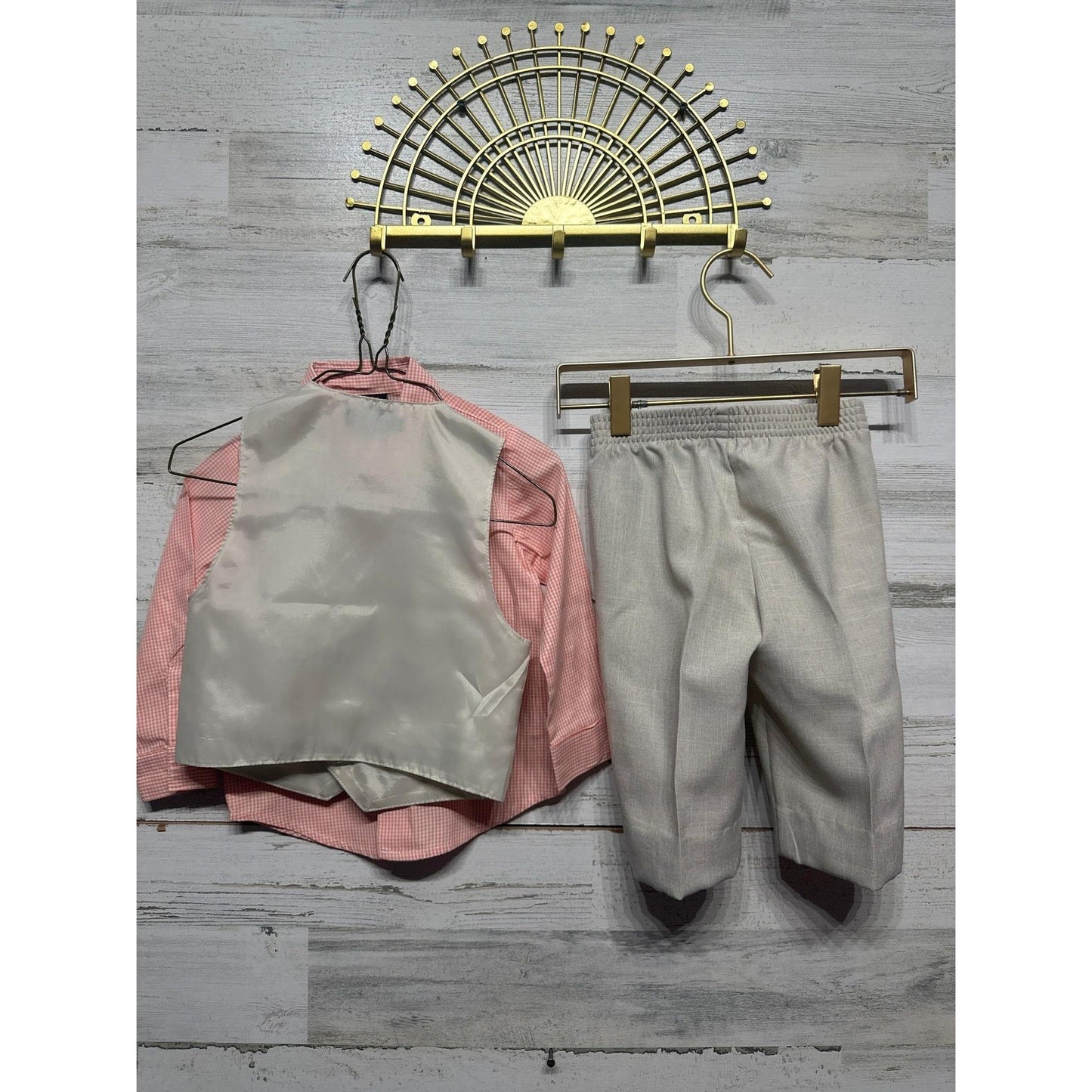 Dockers 3-Piece Suit Set Boys 24M Pink Beige Gingham Vest Pants GUC*Flawed4