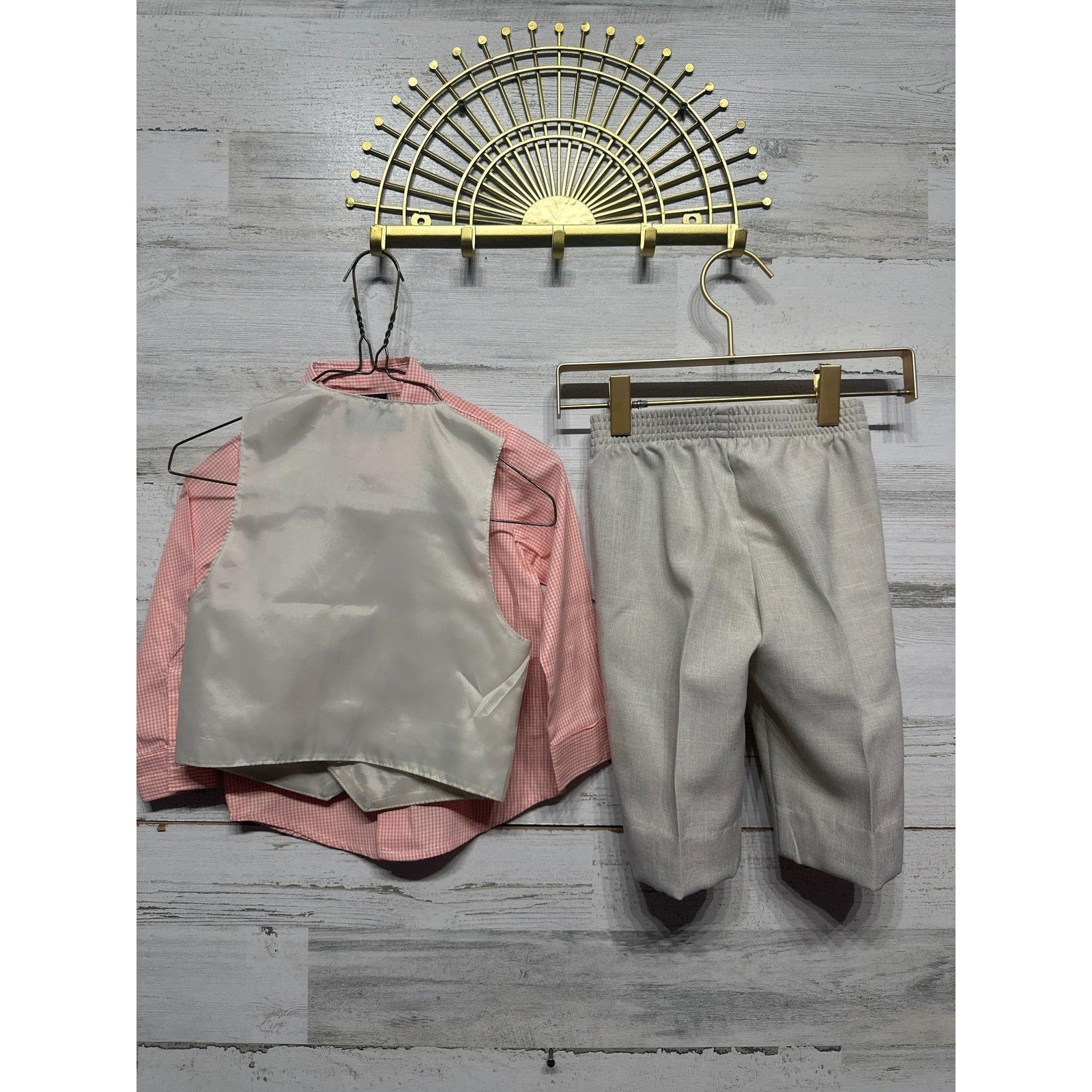 Dockers 3-Piece Suit Set Boys 24M Pink Beige Gingham Vest Pants GUC*Flawed4