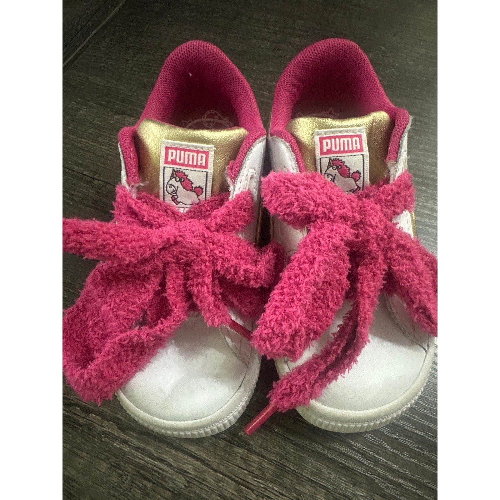 Puma Basket Sneakers Girls Size 8 Toddler White Pink Fluffy Unicorn Shoes1