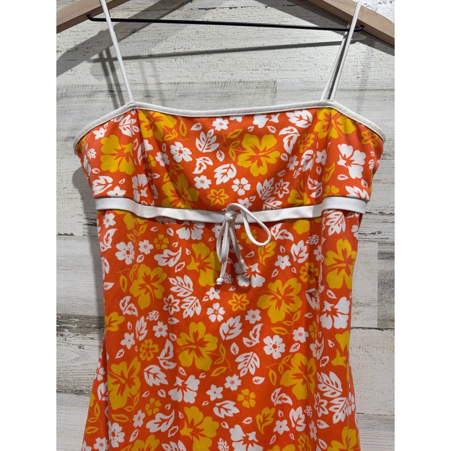 Y2K Status Mini Dress Women Large Orange Floral Tropical Coconut Girl EUC1