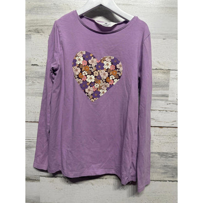 H&M Long Sleeve Tee Girls 8-10 Purple Floral Heart Graphic EUC0