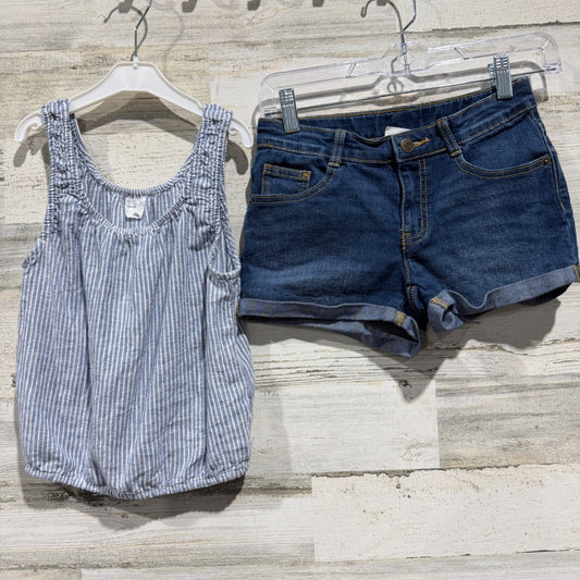 Abercrombie Kids Crazy 8 2pc Outfit Set Girls 10/12 Blue Striped Linen Denim EUC0