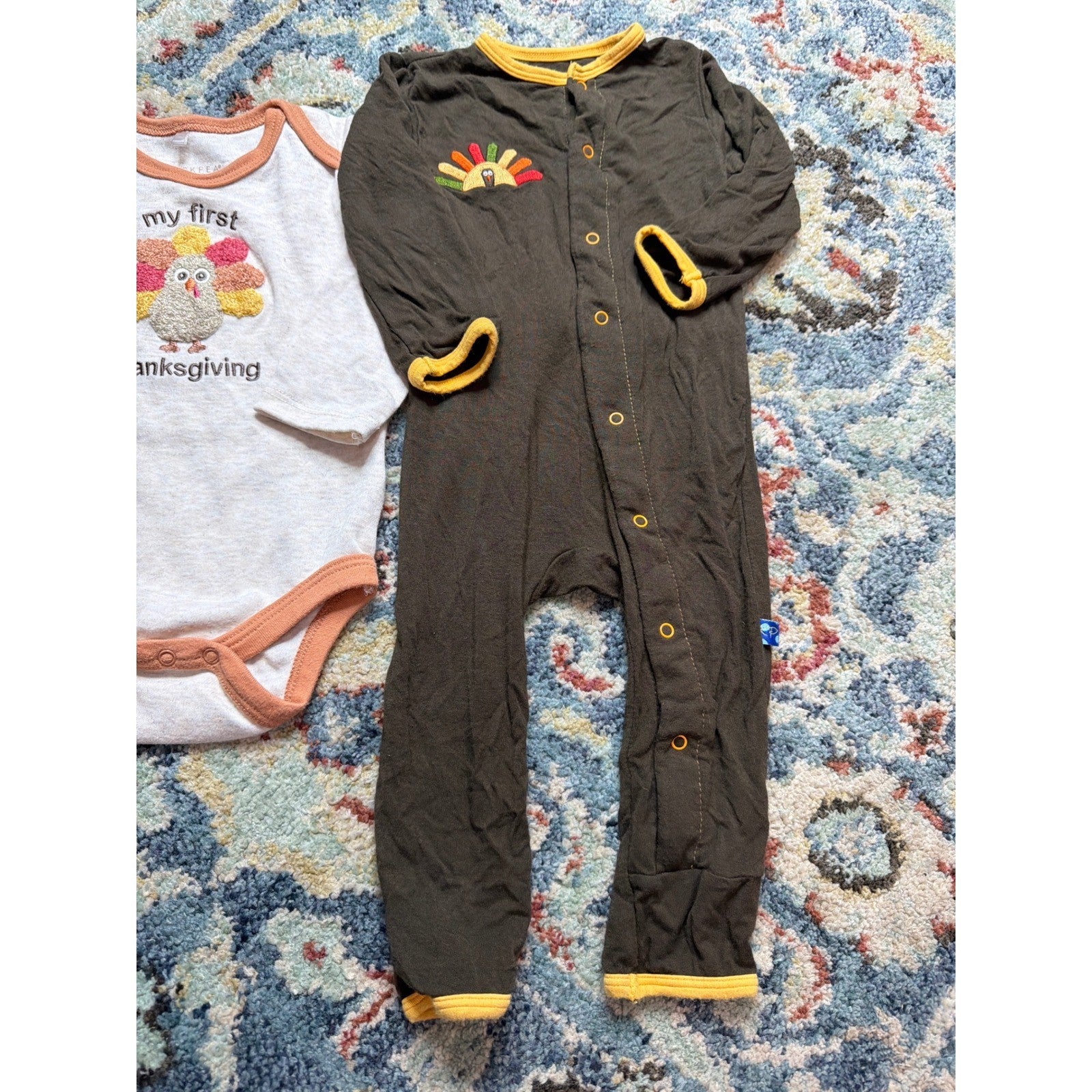 Kickee Pants Chick Pea Romper Bodysuit Boys 6-9M Brown White Thanksgiving EUC2