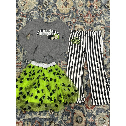 Beetlejuice 3pc Outfit Set Girls 4T Gray Green Striped Tutu Flare Pants GUC0