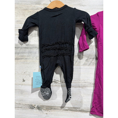 KicKee Pants Bamboo Footie Bundle Girls NB 0-3M Black Purple Ruffle Solid NWT2