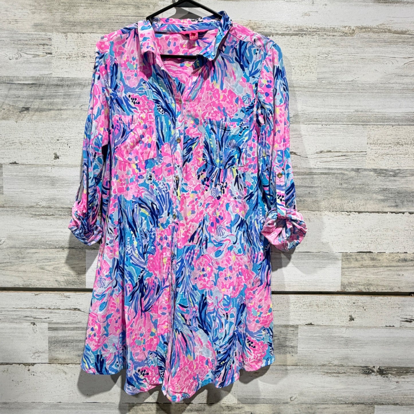 Lilly Pulitzer Button Down Tunic Women Medium Pink Blue Floral Rayon Preppy EUC0