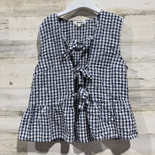 Vigoss Tie Front Peplum Vest Women L Navy Gingham Cotton Blend Cottagecore EUC0