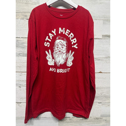 Holiday Time Long Sleeve T-Shirt Boys 14/16 Red Santa Peace Sign EUC0