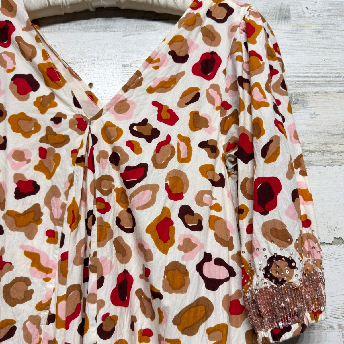 Pink Chicken Midi Dress Women Small Tan Leopard Sequin Cuff Cotton Boho EUC1