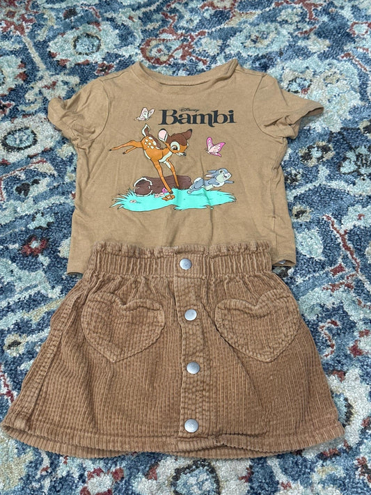 Disney Bambi Skirt Set Girls 3T Brown Corduroy Heart Pockets GUC0