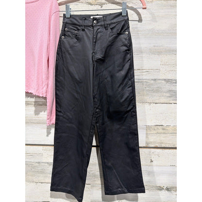 Crewcuts GB Outfit Set Girls 8 Pink Pointelle Top Black Faux Leather Pants EUC3