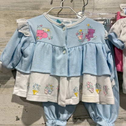 Vintage Kitten Graphic 3pc Outfit Set Girls 6-9 Months Blue Pink Cotton Flawed*8