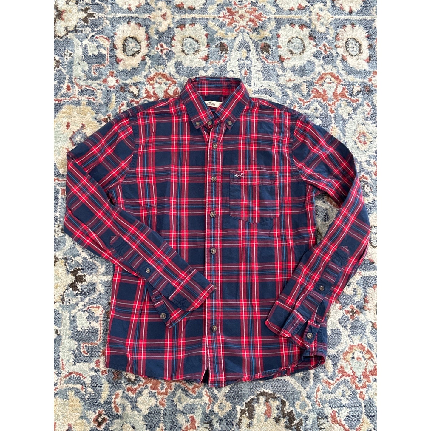 Hollister Plaid Button Down Shirt Mens XS Red Navy Blue Long Sleeve0