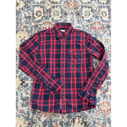 Hollister Plaid Button Down Shirt Mens XS Red Navy Blue Long Sleeve0
