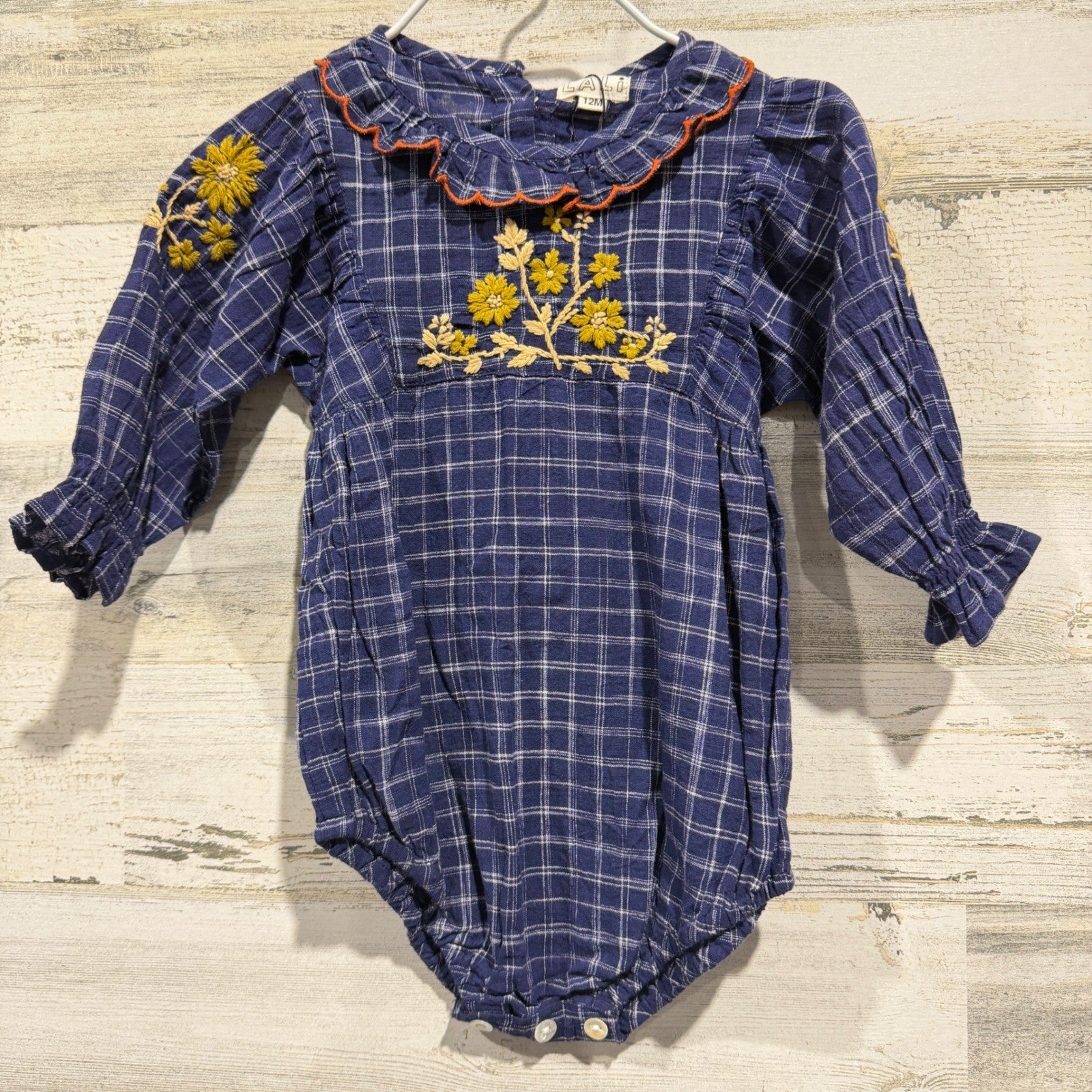 Lali Embroidered Bubble Romper Girls 12M Blue Plaid Floral NWT *Flawed0