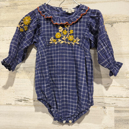Lali Embroidered Bubble Romper Girls 12M Blue Plaid Floral NWT *Flawed0