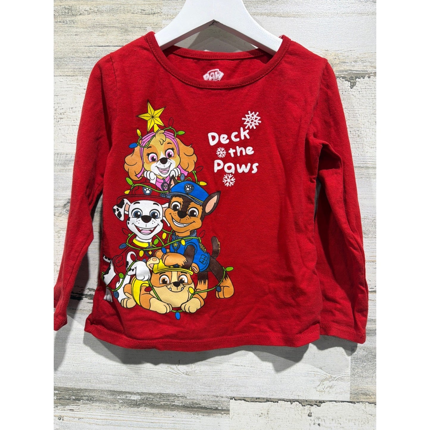 Paw Patrol Long Sleeve Shirt Kids Size 4 Red Holiday Deck the Paws EUC0