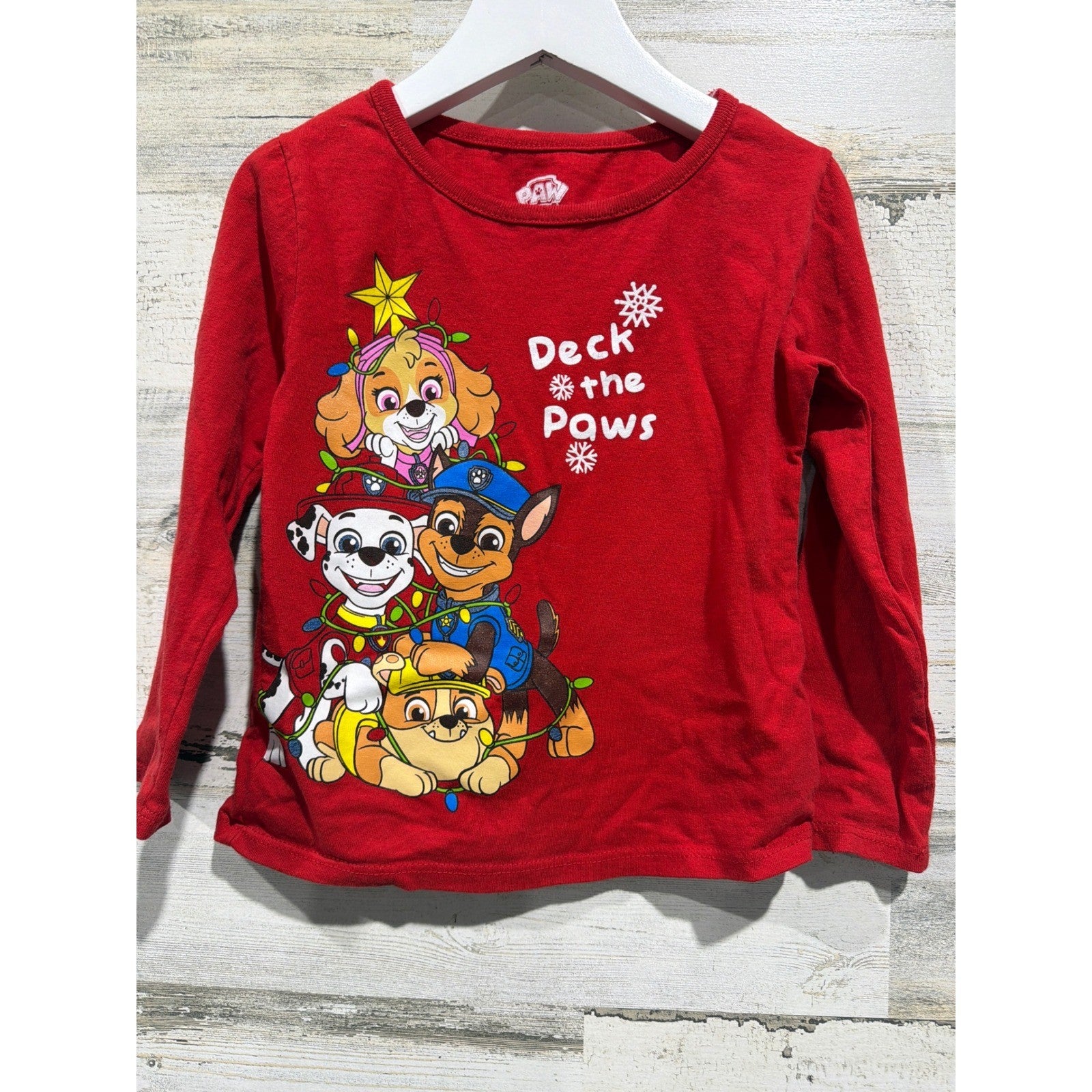 Paw Patrol Long Sleeve Shirt Kids Size 4 Red Holiday Deck the Paws EUC0