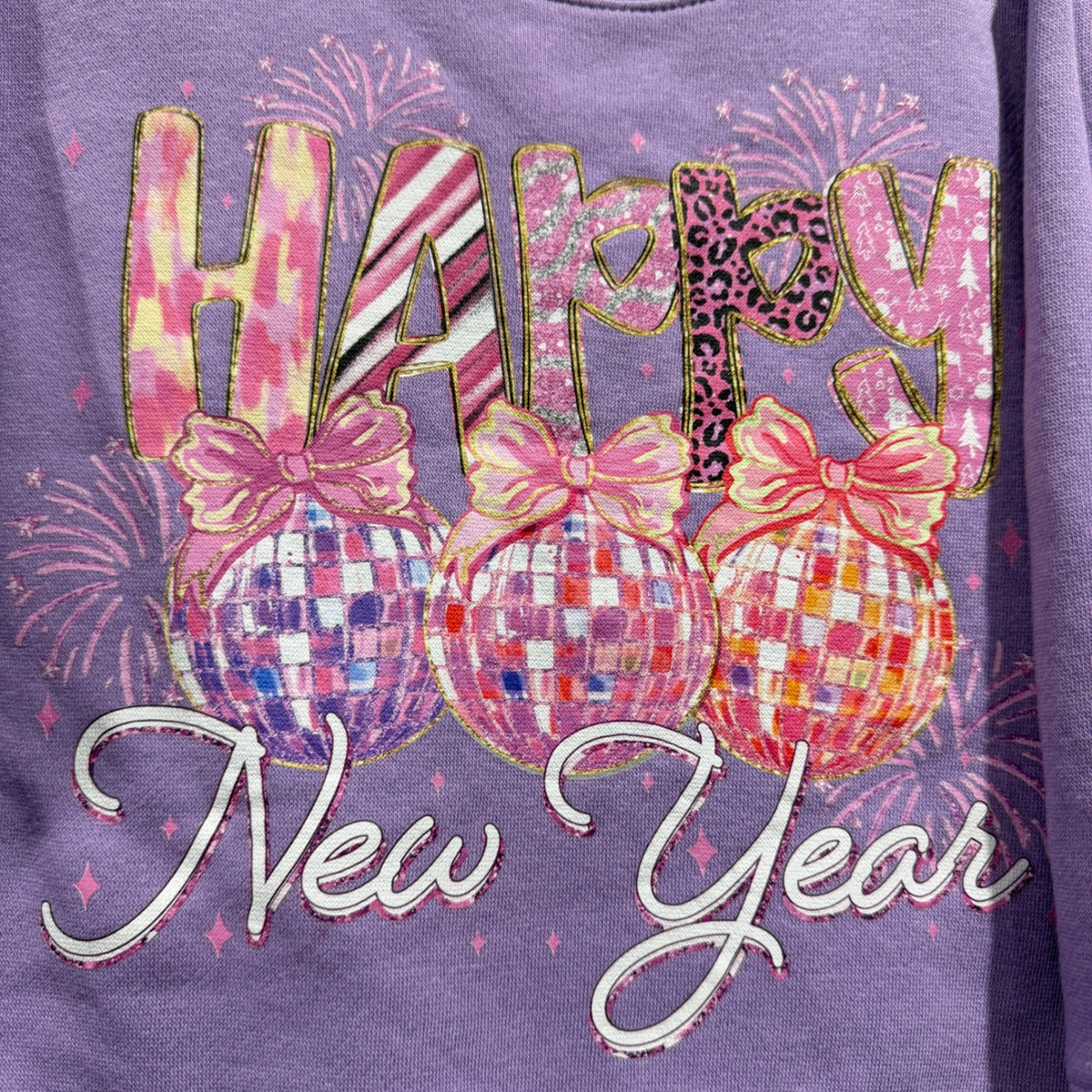 Rabbit Skins Happy New Year Sweatshirt Girls Size 4 Purple Graphic Holiday EUC1