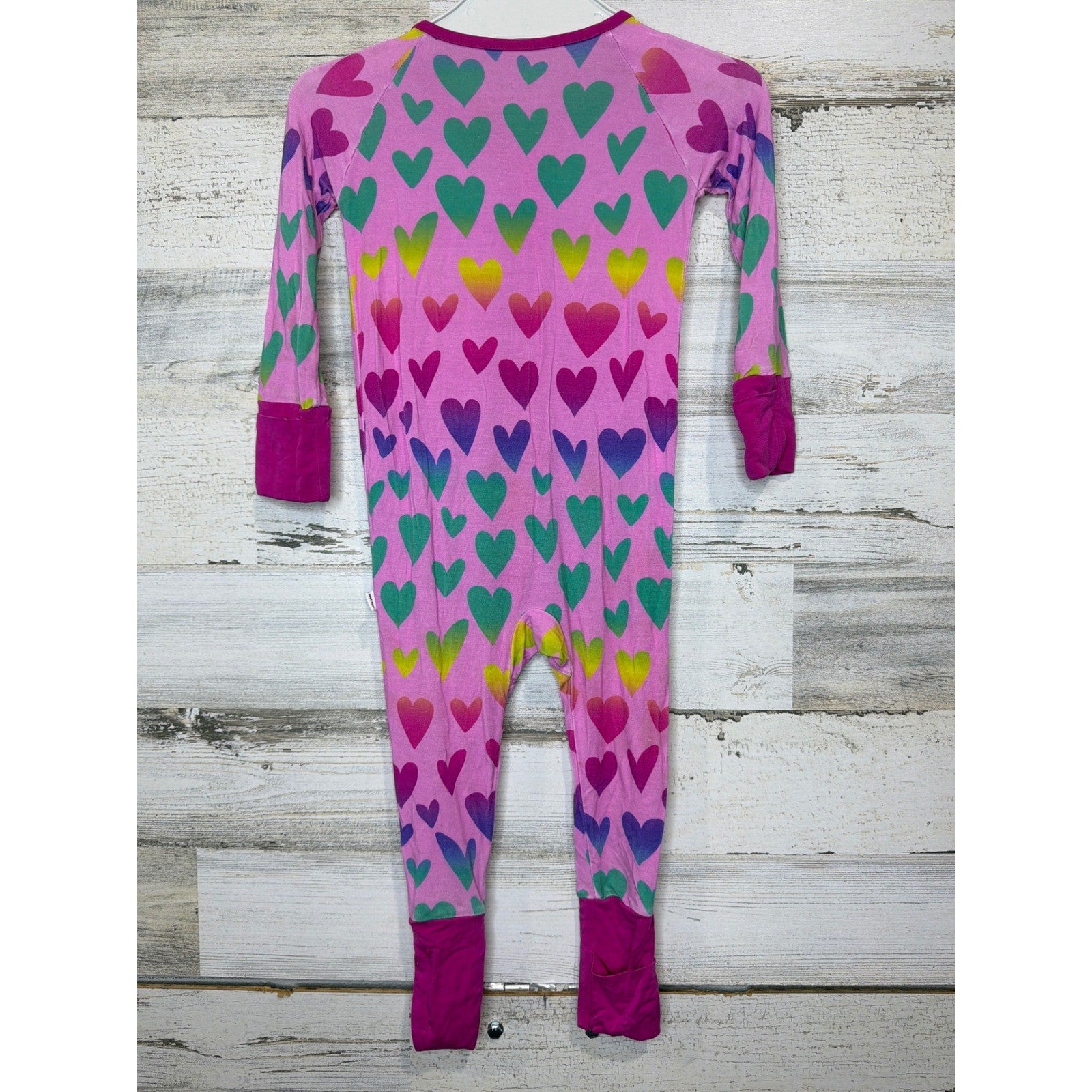 Little Sleepies Zippy Pajamas Girls 6-12M Pink Rainbow Heart Bamboo *Flawed3