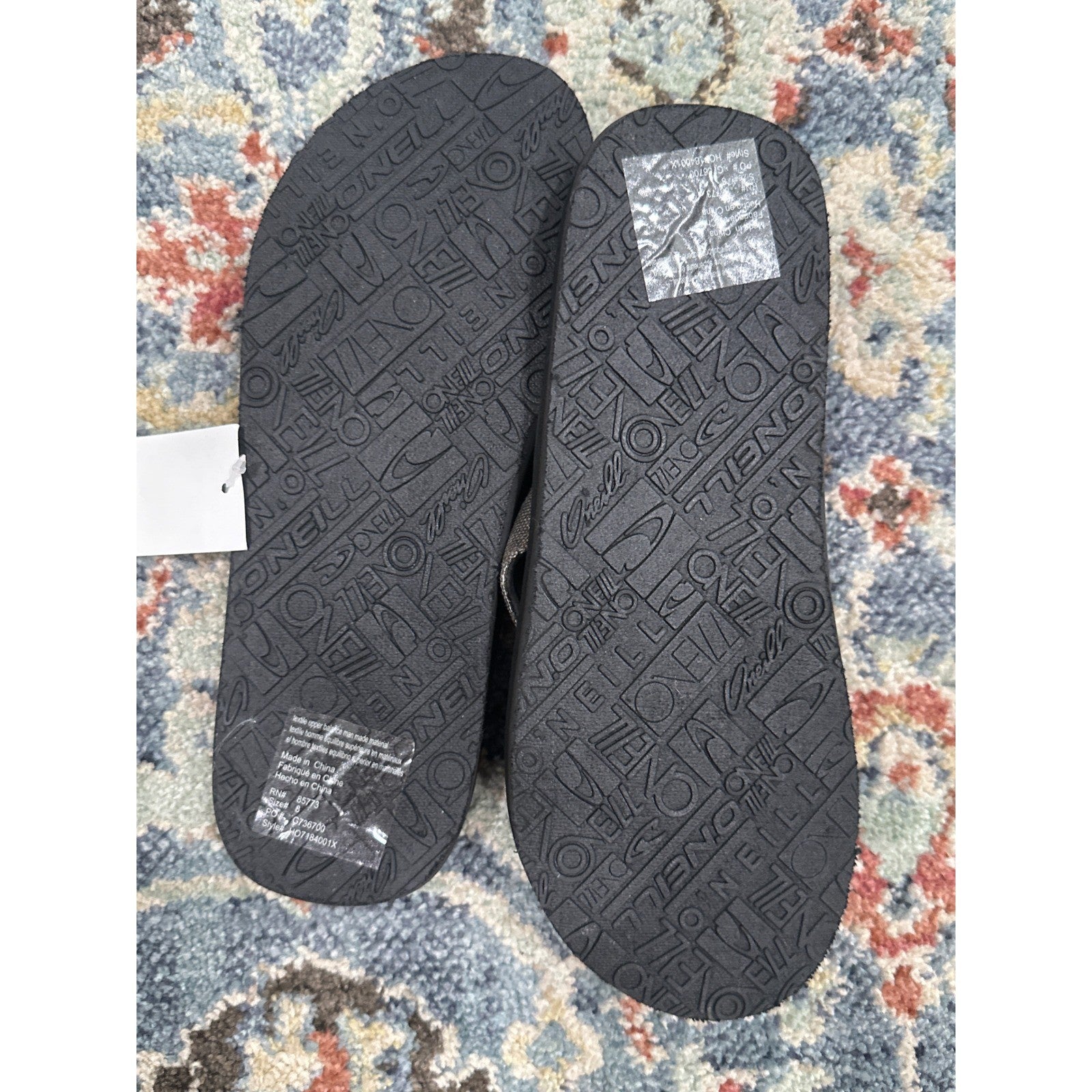 O'Neill Flip Flops Men Size 8 Black Grey Fabric Strap Beach Sandals NWT3