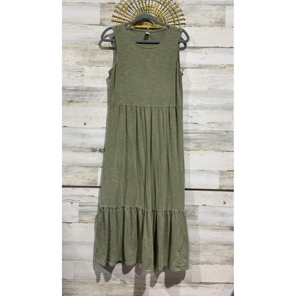 Old Navy Tiered Sleeveless Midi Dress Women S Green Cotton Slub Casual EUC0