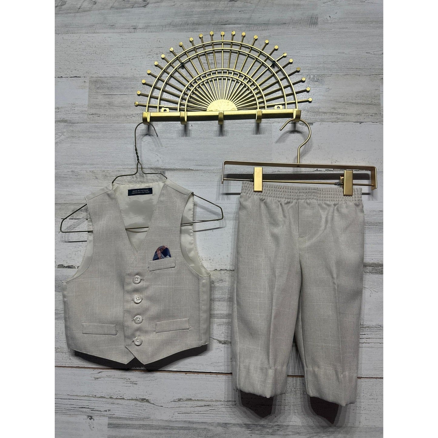 Dockers 3-Piece Suit Set Boys 24M Pink Beige Gingham Vest Pants GUC*Flawed2