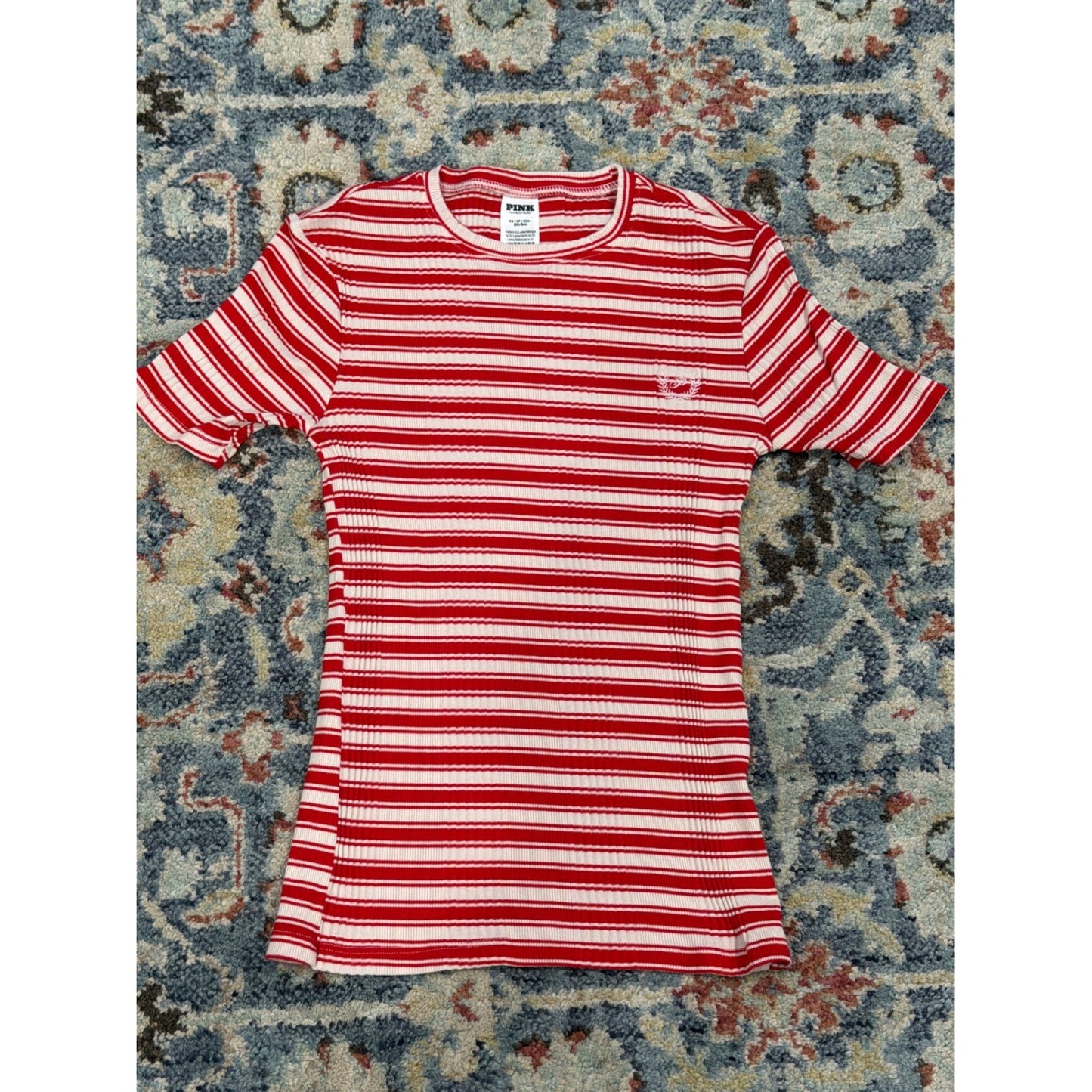 Victoria's Secret PINK Ribbed Tee Women XS Red White Striped Preppy EUC0
