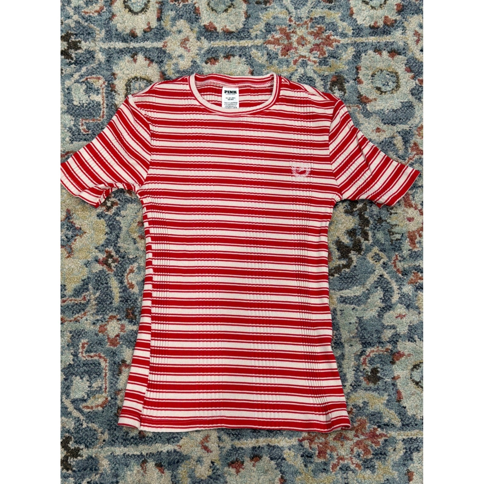 Victoria's Secret PINK Ribbed Tee Women XS Red White Striped Preppy EUC0