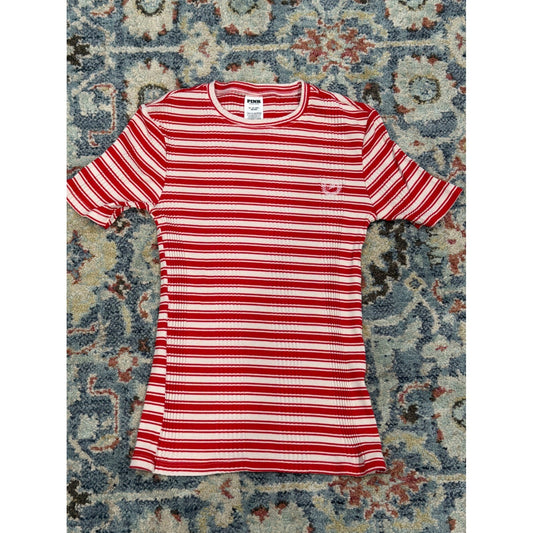 Victoria's Secret PINK Ribbed Tee Women XS Red White Striped Preppy EUC0