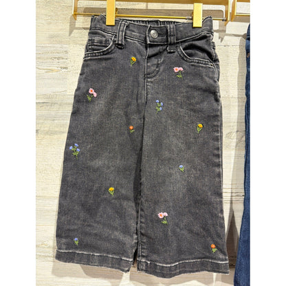 Baby Gap Cat and Jack Jeans Girls 2T Blue Black Floral Flare Wide Leg EUC2
