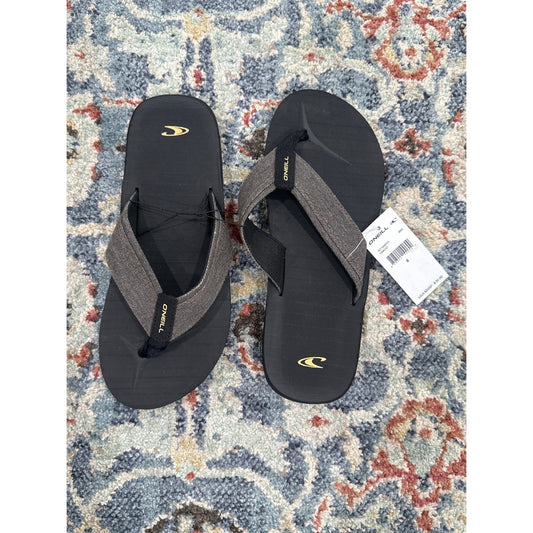 O'Neill Flip Flops Men Size 8 Black Grey Fabric Strap Beach Sandals NWT0