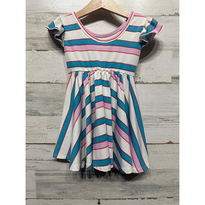 Dot Dot Smile Twirl Dress Girls 12/24M Pink Teal Striped Flutter Sleeve1