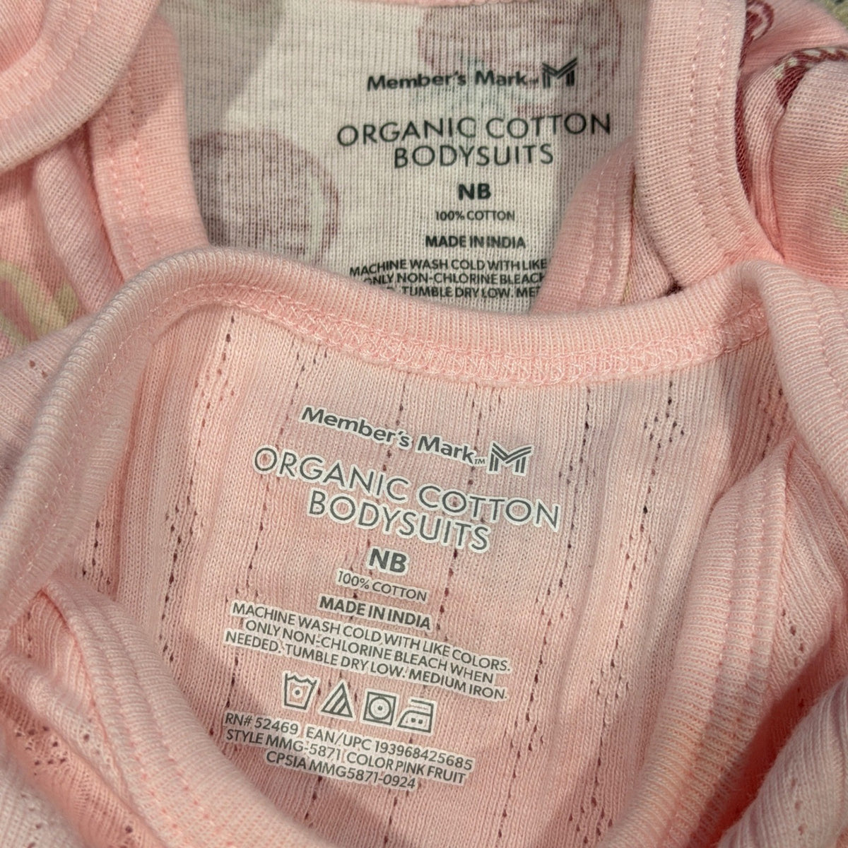Member's Mark Bodysuit 4pk Girls NB Pink Fruit Ruffle Organic Cotton EUC5