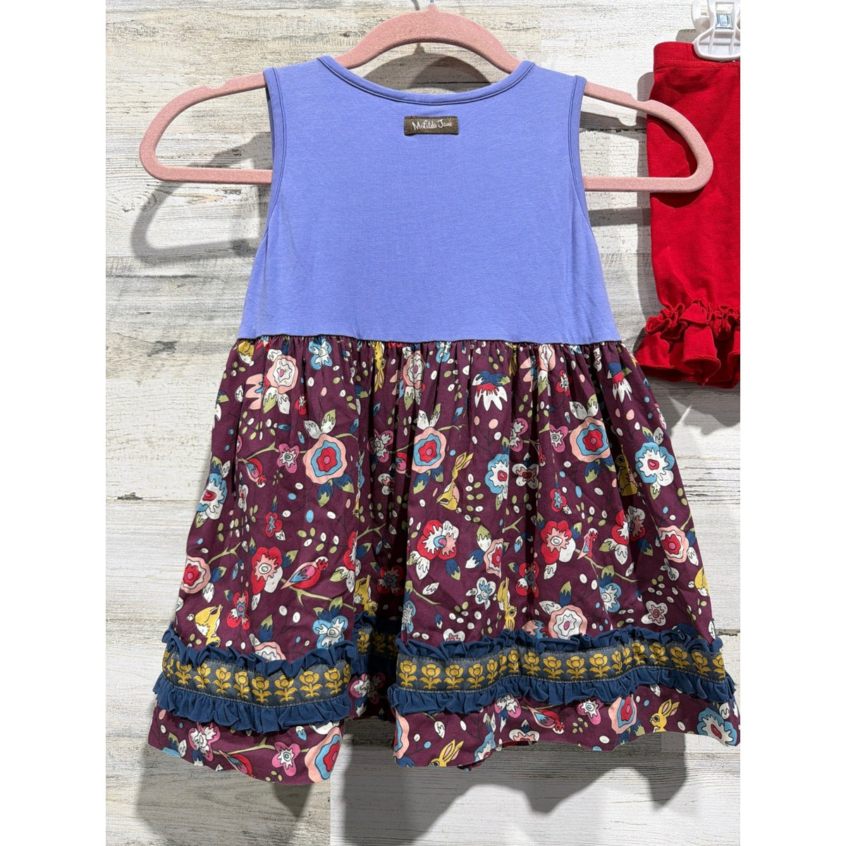 Matilda Jane Tunic Sew Sassy Shorts Girls 8 Purple Red Floral Ruffle Boho EUC4