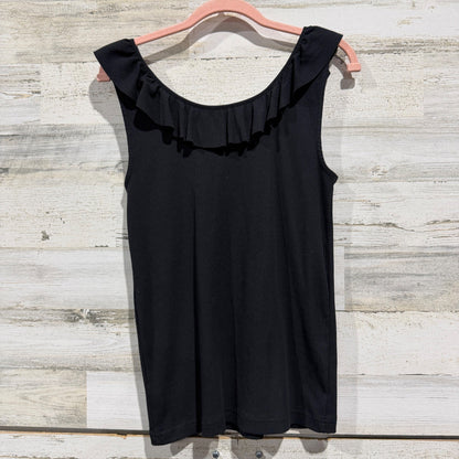 J.Crew Ruffle Neck Tank Top Women Size M Black Ribbed Cotton Blend EUC4