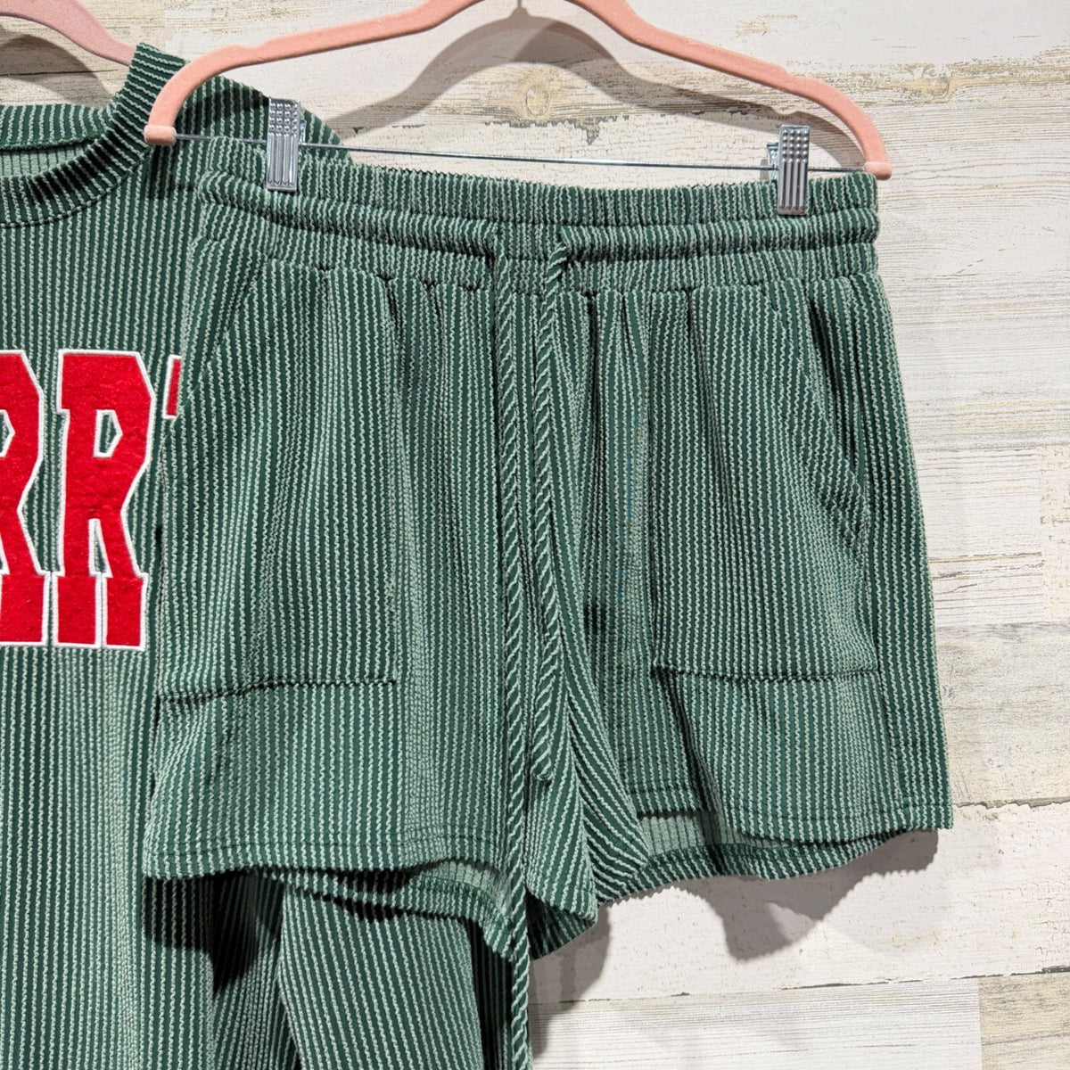 Merry Graphic Ribbed Lounge Set Women L Green Polyester Holiday EUC3