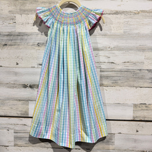 Nola Smocked Handmade Bishop Dress Girls 5T Pastel Gingham Plaid Southern0