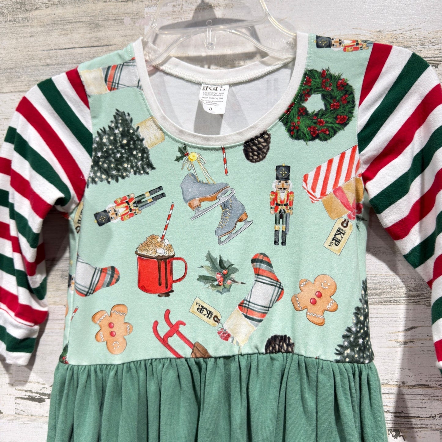 KPea Nutcracker Christmas Dress Girls 8 Green Striped Holiday Boutique EUC1