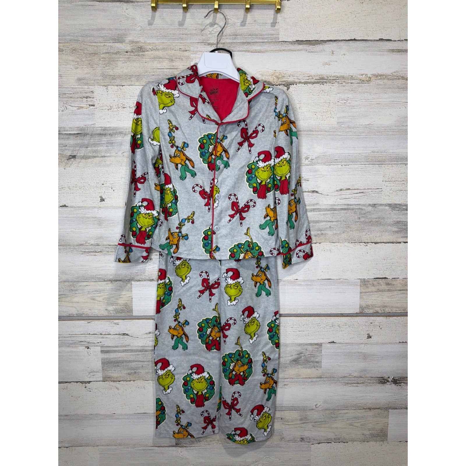 The Grinch Pajama Set Boys Size 8 Gray Fleece Holiday Christmas EUC0