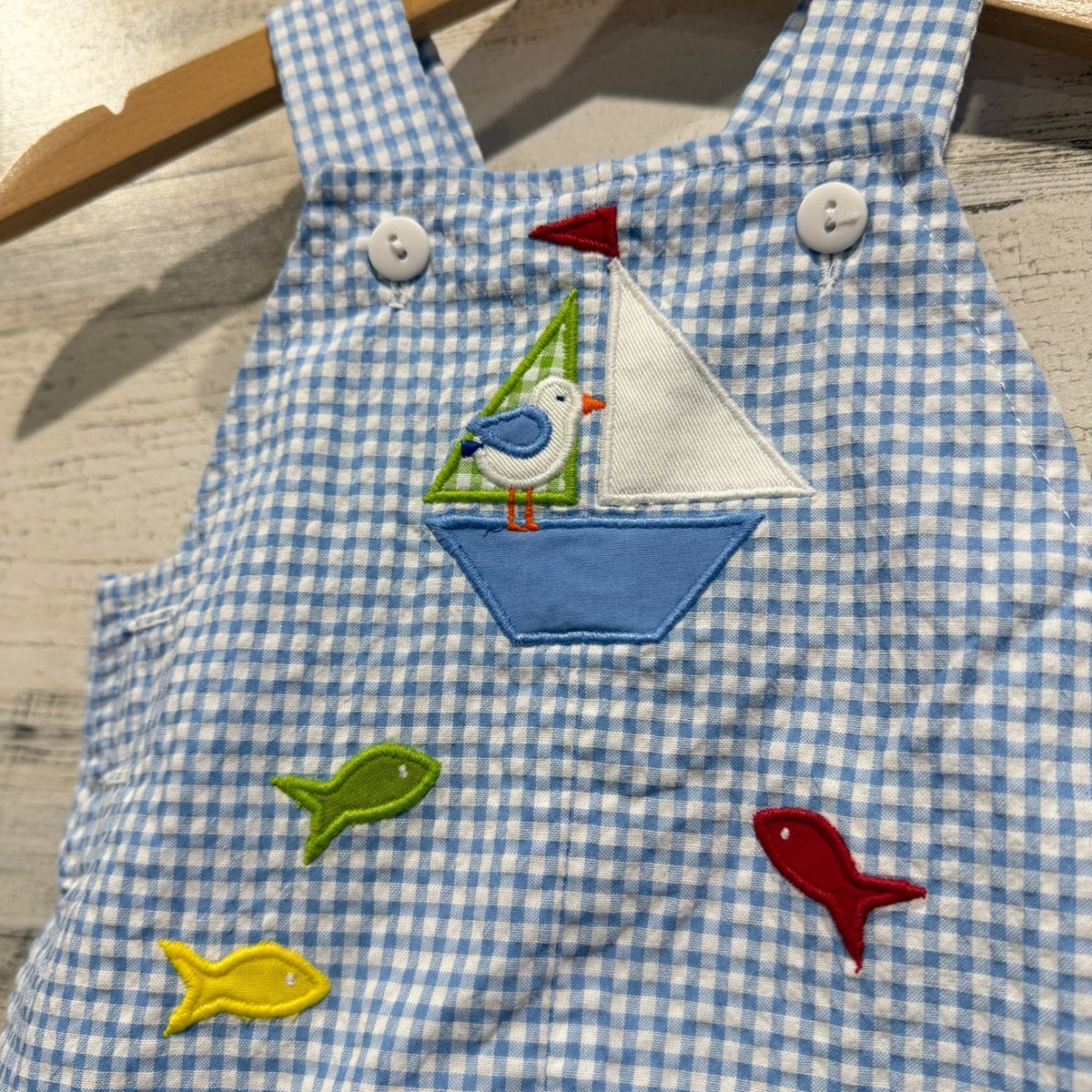 Florence Eiseman Sailboat Gingham Shortall Boys 3M Blue Cotton Blend Preppy EUC1