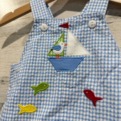 Florence Eiseman Sailboat Gingham Shortall Boys 3M Blue Cotton Blend Preppy EUC1