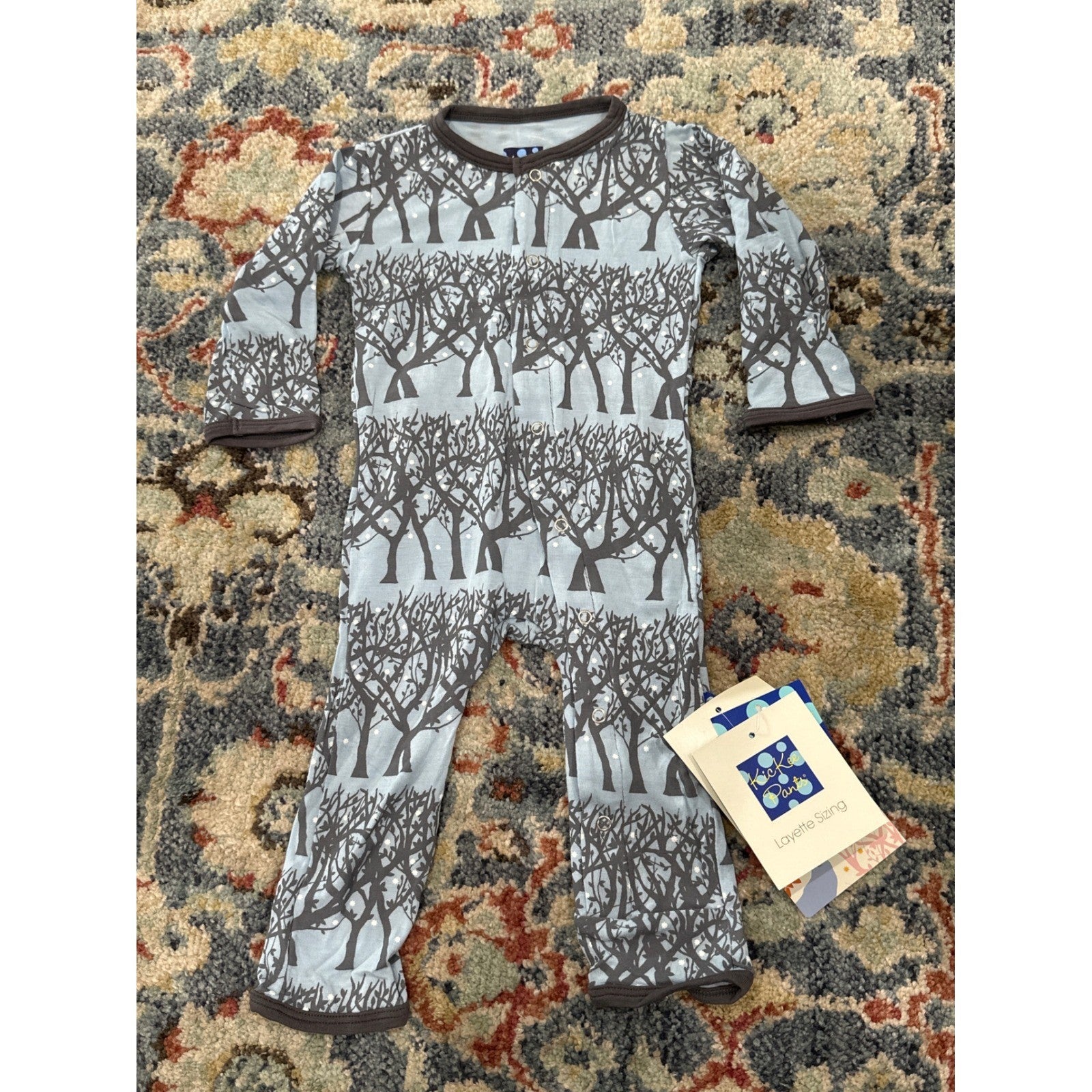 Kickee Pants Footless Romper Boys 6-9M Blue Brown Tree Winter Forest Print NWT0