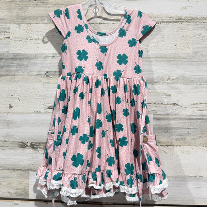 Cheeky Plum Dress Girls 6Y Pink Green Clover Leopard Ruffle St Patricks Day EUC4