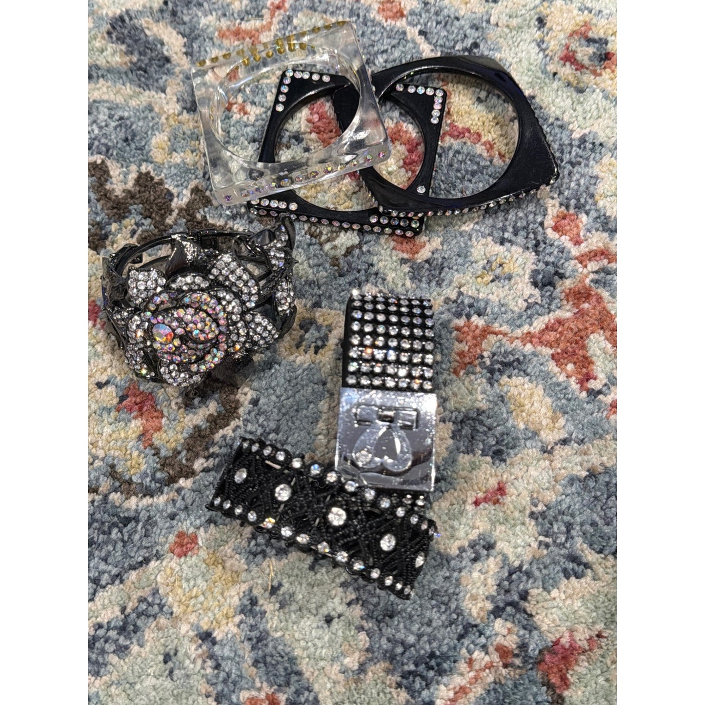 Bracelet Bundle Women 6 Pieces Black Silver Rhinestone Y2K Glam0