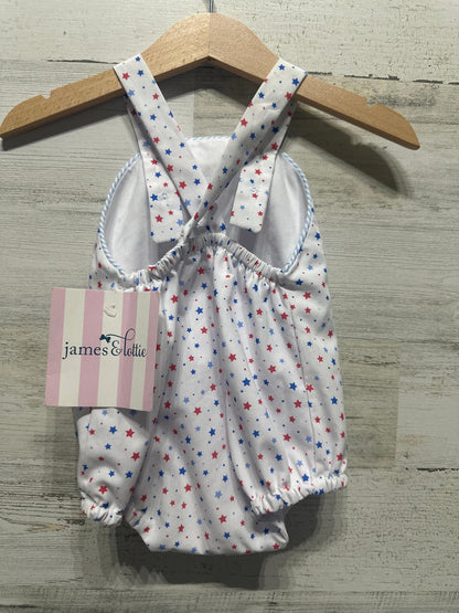 James & Lottie Sunsuit Romper Kids 3M White Red Blue Patriotic Star Print NWT1
