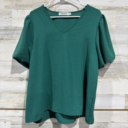 Gaudie V-Neck Blouse Women Large Green Puff Sleeve Career Office EUC0