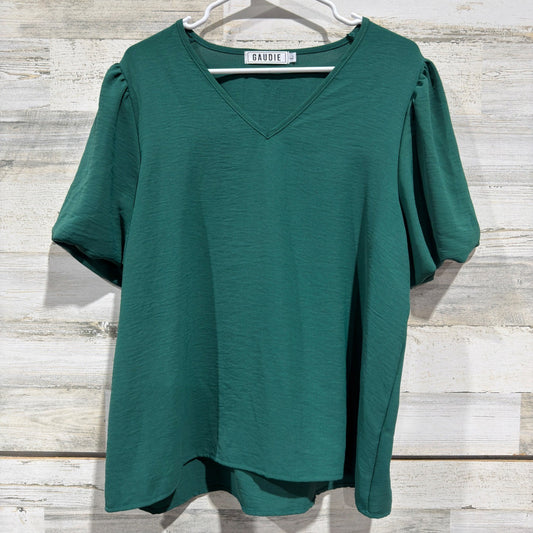 Gaudie V-Neck Blouse Women Large Green Puff Sleeve Career Office EUC0