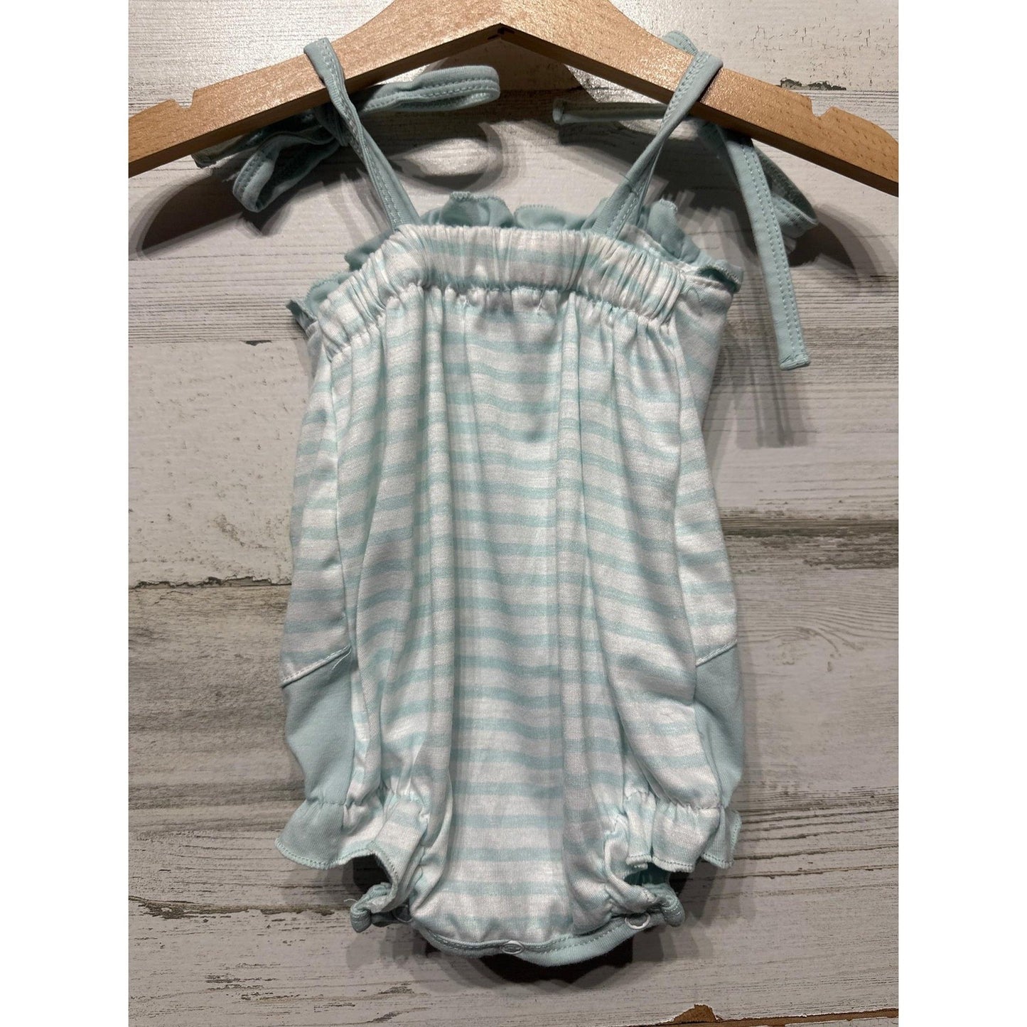 Abby & Evie Sailboat Romper Baby Girl 3M Blue Striped Nautical Sun EUC1