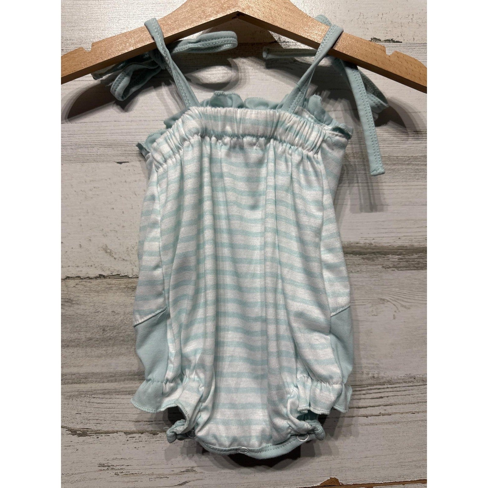 Abby & Evie Sailboat Romper Baby Girl 3M Blue Striped Nautical Sun EUC1
